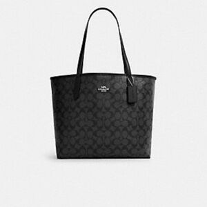 Coach Large City Tote in Signature Black Canvas/Burgundy